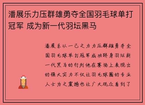 潘展乐力压群雄勇夺全国羽毛球单打冠军 成为新一代羽坛黑马