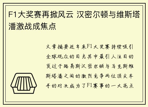 F1大奖赛再掀风云 汉密尔顿与维斯塔潘激战成焦点